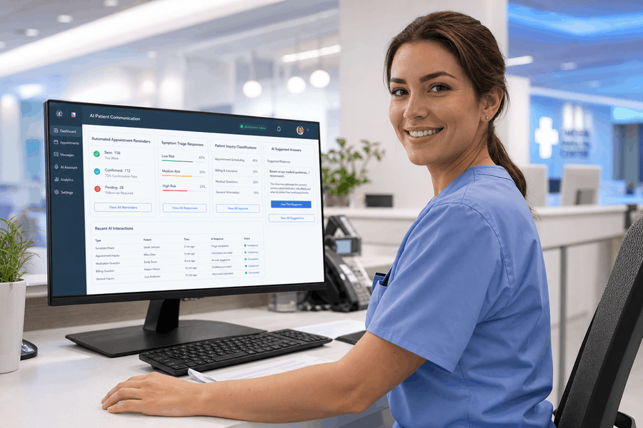 Arztpraxis mit digitalem KI-Terminassistenten zur automatisierten Patientenorganisation