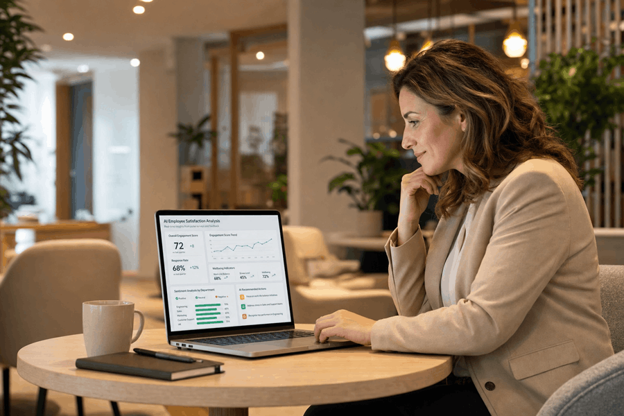 HR-Business-Partnerin analysiert KI-Mitarbeiterzufriedenheits-Dashboard mit Sentimentanalyse im gemütlichen Büro-Lounge.