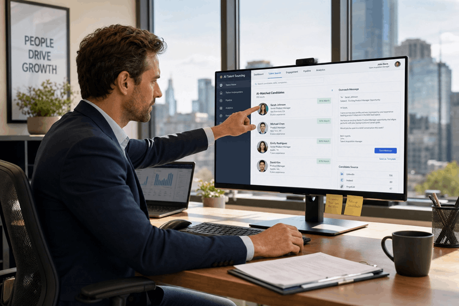 Talent-Acquisition-Manager zeigt auf KI-gematchte Kandidatenprofile mit Outreach-Entwürfen im modernen Büro mit Stadtblick.