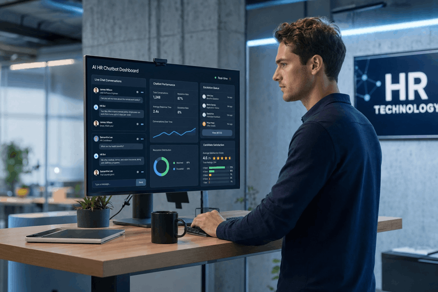 HR-Technologiespezialist überwacht KI-HR-Chatbot-Dashboard mit Live-Bewerberchat und Zufriedenheitswerten im Tech-Büro.