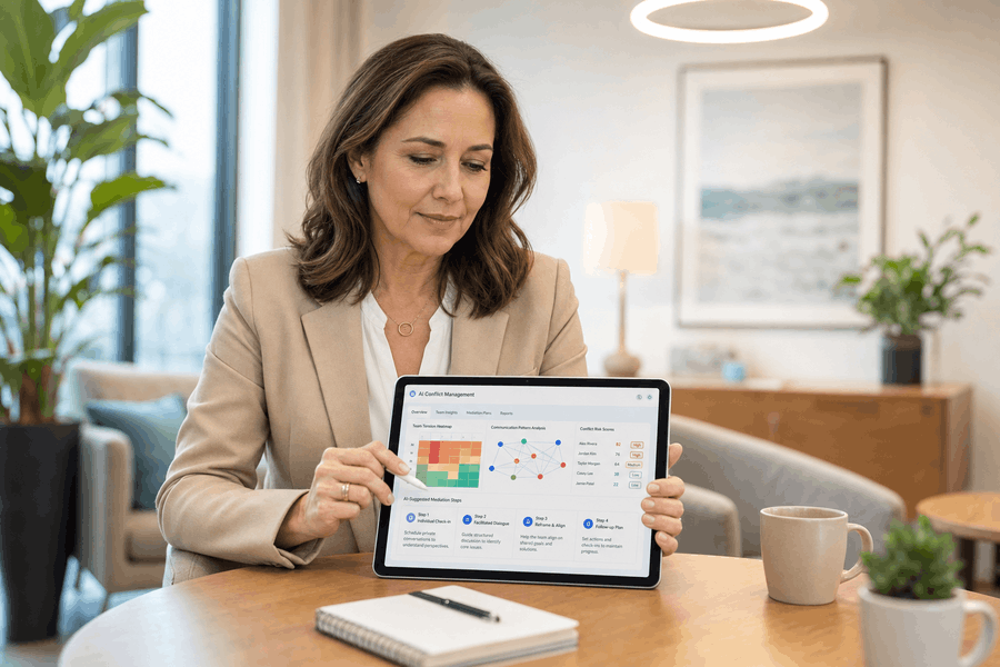 Projektmediatorin liest KI-Konfliktmanagement-Tool mit Teamspannungskarte, Kommunikationsmusteranalyse und Mediationsschritten auf dem Tablet.