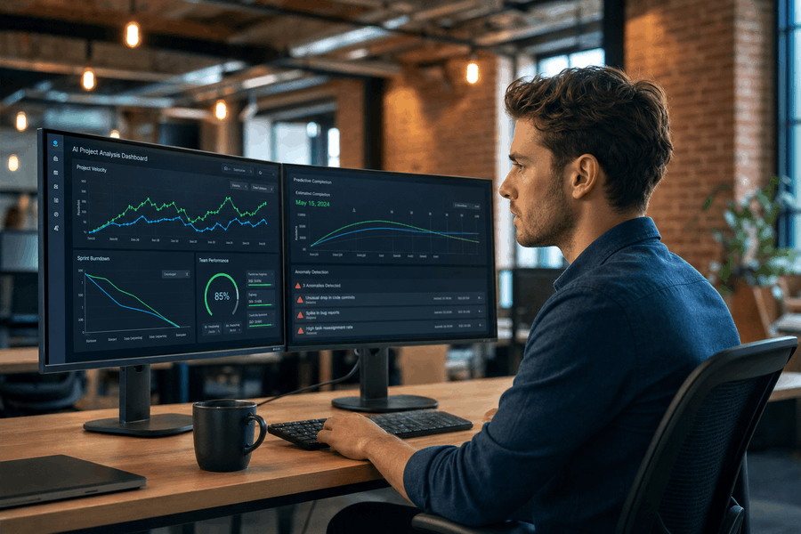 Datenanalyst wertet KI-Projektdaten-Dashboard mit Geschwindigkeitstrends, Sprint-Burndown und Anomalieerkennung an zwei Monitoren aus.