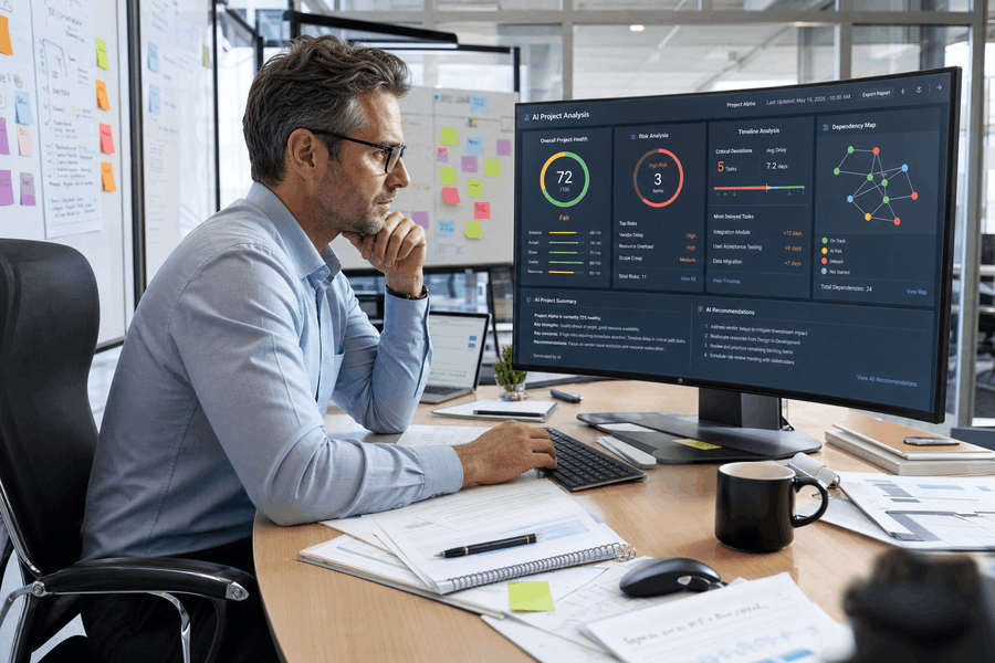 Projektmanager analysiert KI-gestütztes Projektgesundheits-Dashboard mit Risikowerten, Zeitplanabweichungen und Abhängigkeitskarte im Büro.