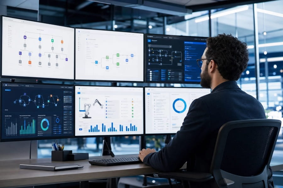 Fachkraft überwacht automatisierte Workflows auf sechs Monitoren.
