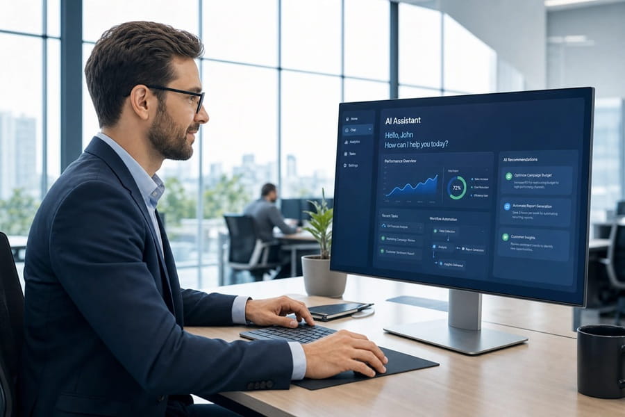 Fachmann interagiert mit KI-Assistenten auf großem Monitor mit Dashboards und Datenanalysen.
