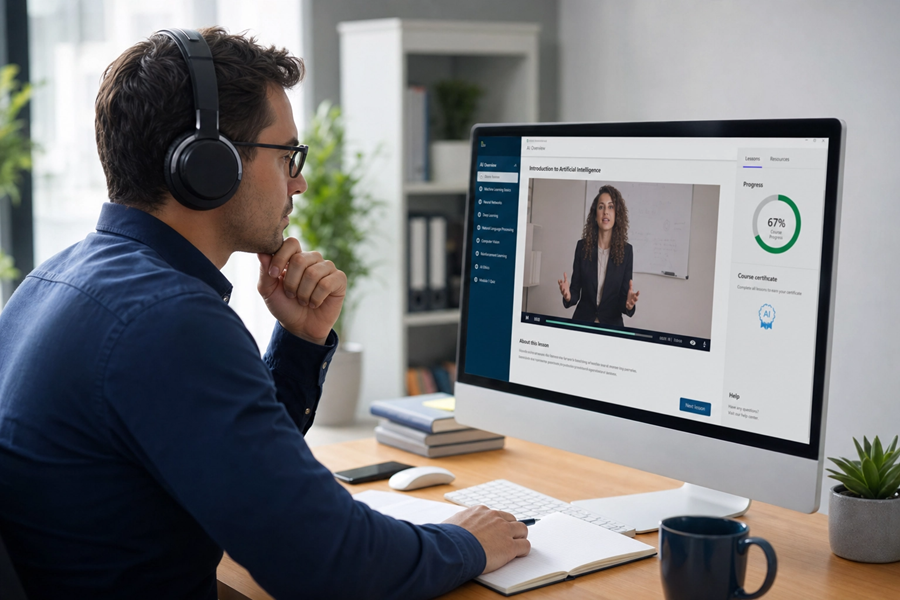 Fachmann mit Kopfhörern nimmt an virtuellem KI-E-Learning-Kurs teil.