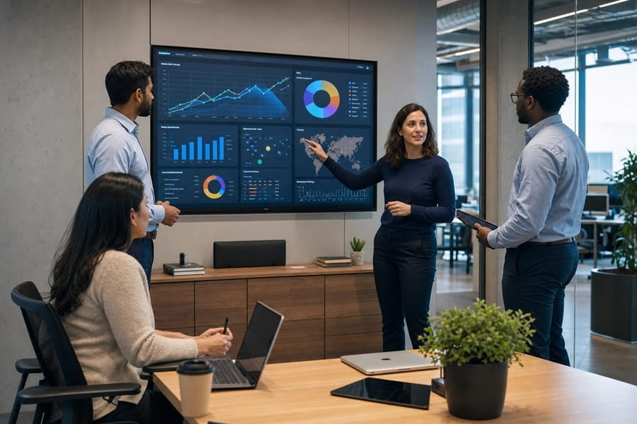 Diverses HR-Team analysiert KI-Personalberichte im Konferenzraum.