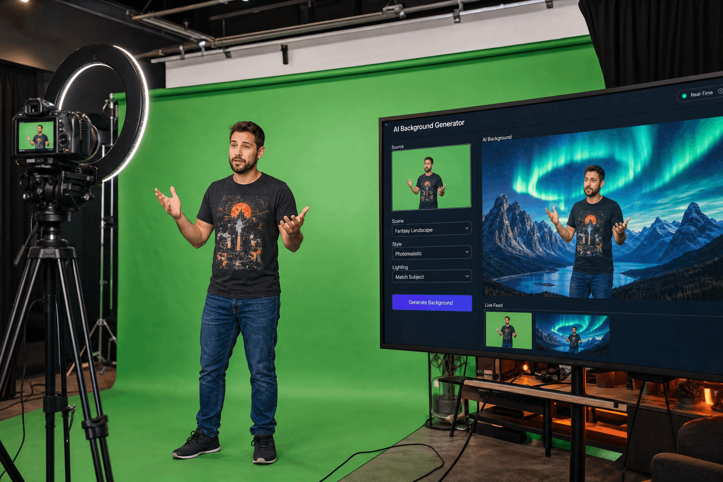 KI-Videoproduktion mit Greenscreen und digitalen Hintergründen