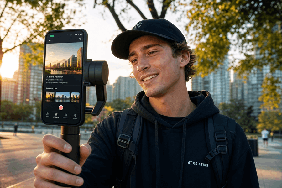Junger Content Creator hält ein Smartphone-Gimbal im Stadtpark. Die KI-App erkennt die Szene und schlägt automatisch Schnitte vor.