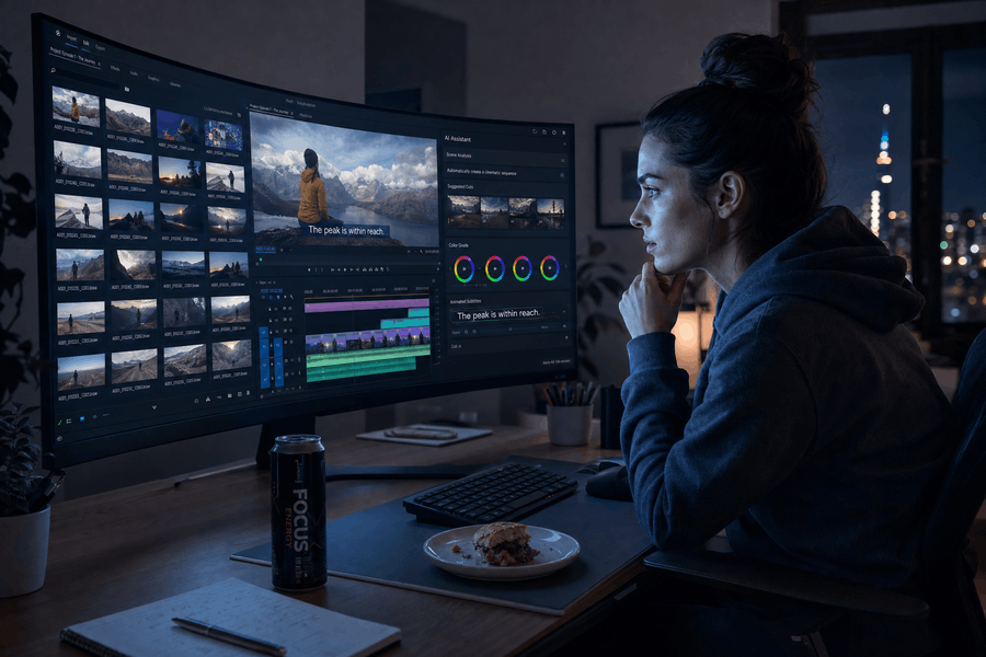 Videobearbeitung mit KI bei Nacht am Schnittplatz