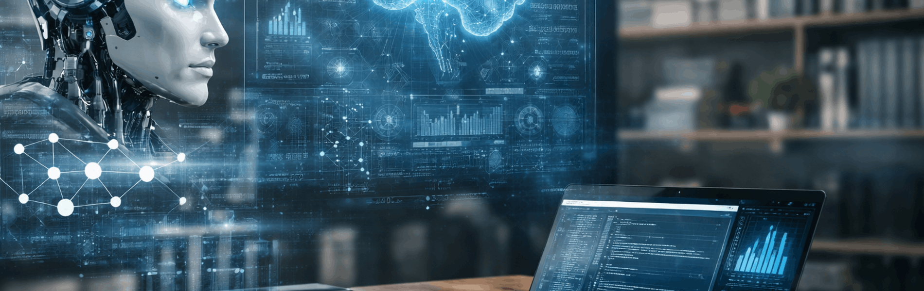 Roboter neben Laptop symbolisiert KI-Anwendung in einem ChatGPT Kurs