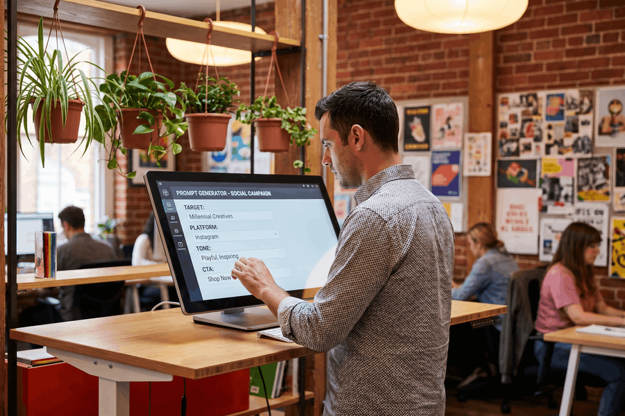 Bildschirm zeigt KI-Prompt-Eingabe für Marketinginhalte