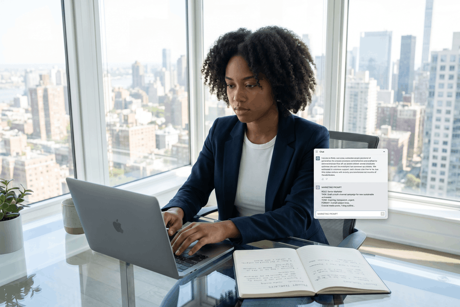 Marketingfachkraft erstellt Inhalte mit KI-Unterstützung am Laptop