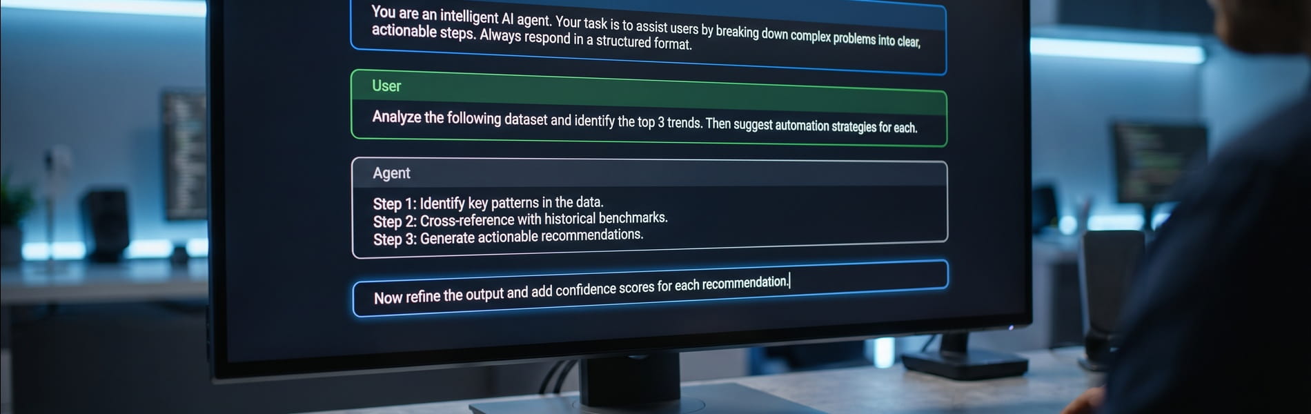 Monitor zeigt strukturiertes Prompt-Engineering-Interface zur KI-Agenten-Entwicklung mit lesbaren englischen System-Prompts.