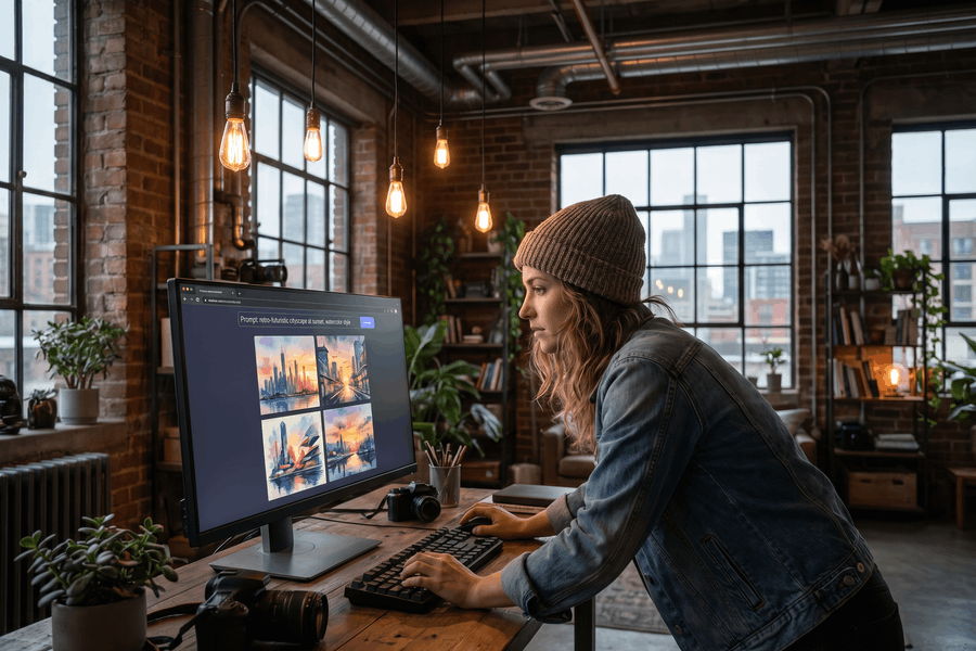 Content Creatorin generiert KI-Bilder per Prompt-Eingabe an ihrem Schreibtisch in einem Industrie-Loft-Apartment.