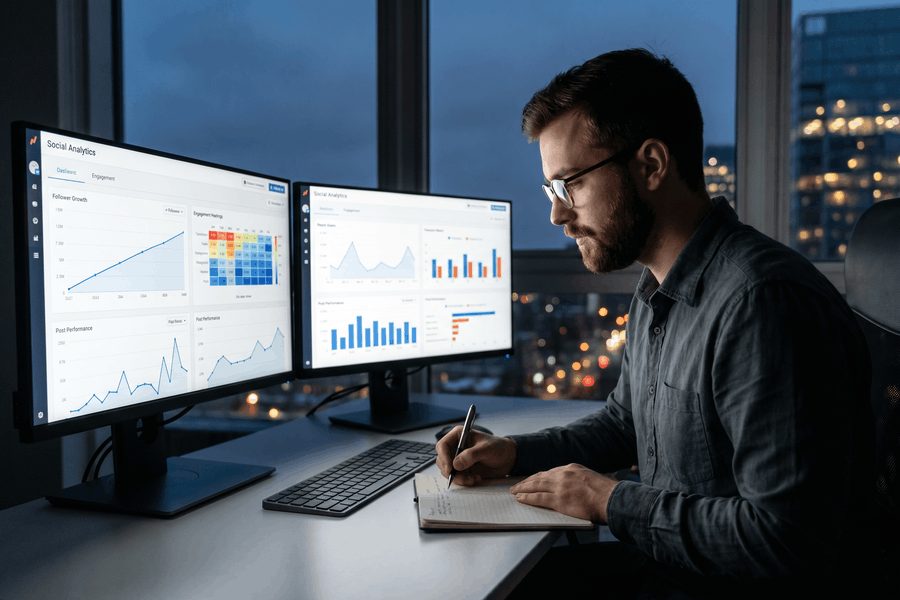 Social-Media-Analyst wertet Follower-Wachstum und Engagement-Daten auf zwei Monitoren im Büro bei Nacht aus.