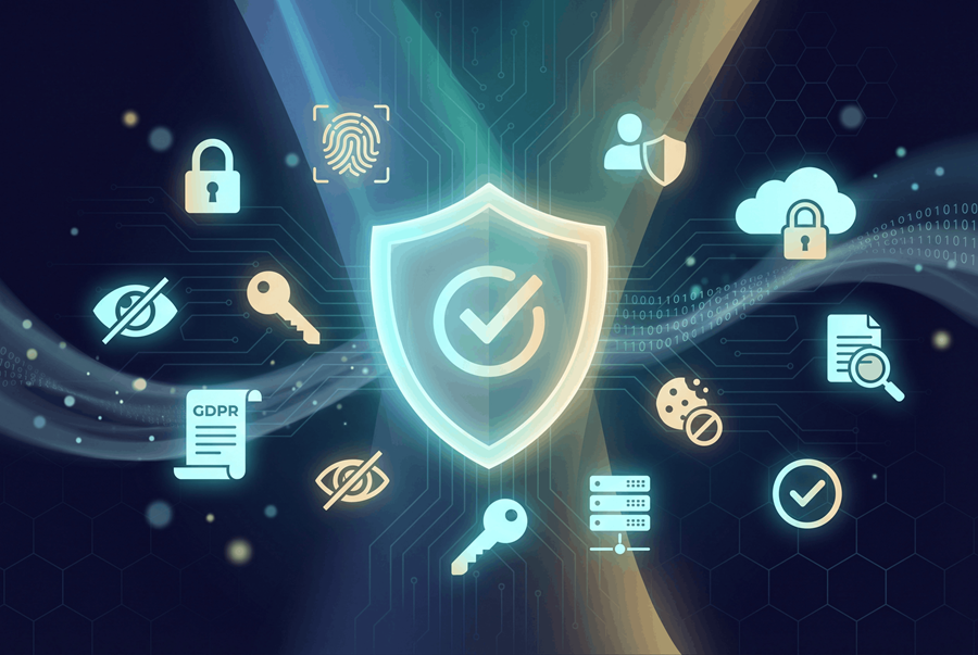 Schutzschild mit Datenschutz-Icons wie Schloss, Fingerabdruck, DSGVO und Cloud-Sicherheit auf abstraktem digitalem Hintergrund.