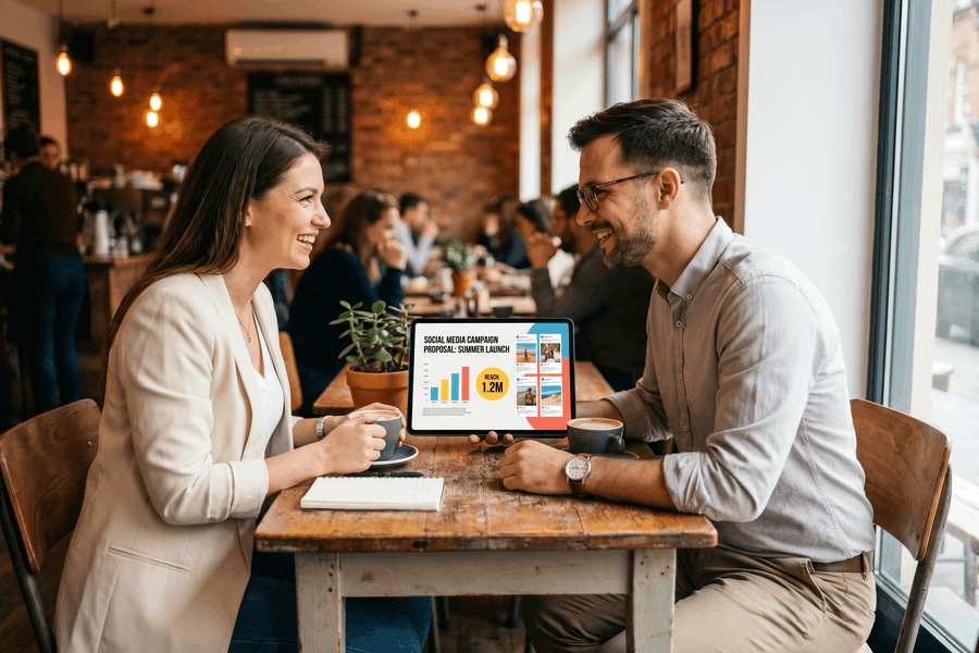 Influencerin und Brand Manager besprechen eine Social-Media-Kampagne über ein Tablet im gemütlichen Café.