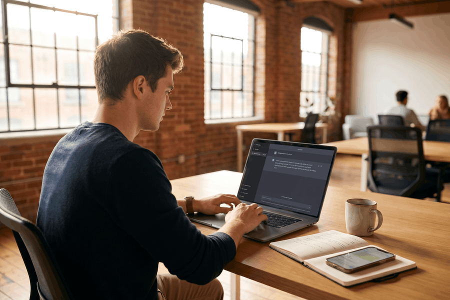 Content Creator tippt einen KI-Prompt in ein Chat-Interface auf dem Laptop im sonnigen Co-Working-Space.