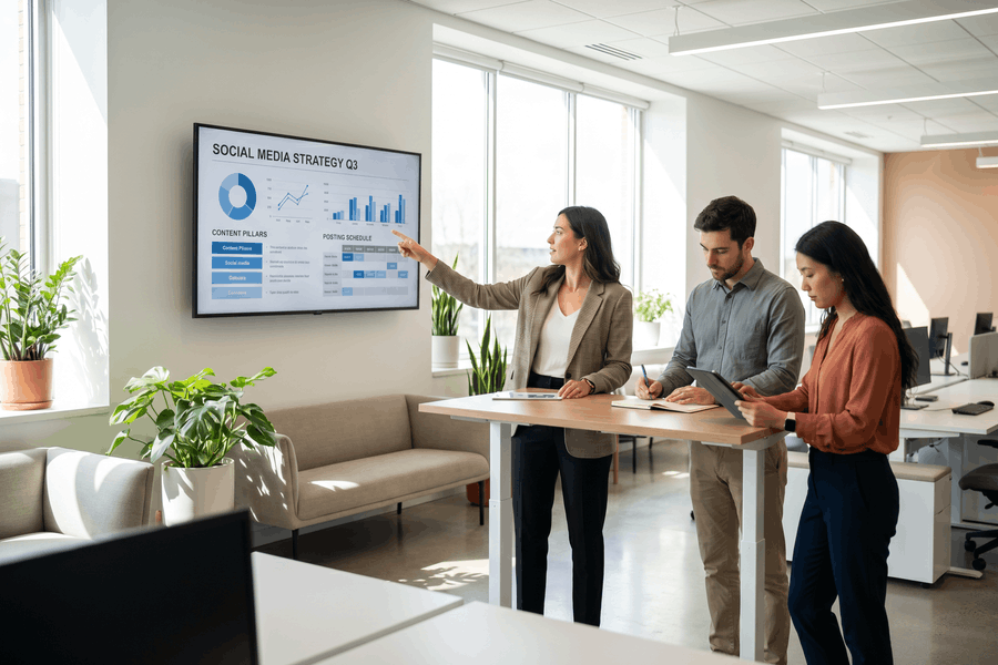 Social-Media-Team bespricht die Quartalsstrategie vor einem Wandmonitor mit Analytics im modernen Büro.