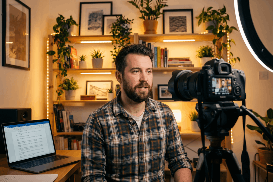 Video-Creator spricht selbstbewusst in die Kamera in einem gemütlichen Home-Studio mit Bücherregal und Ringlicht.
