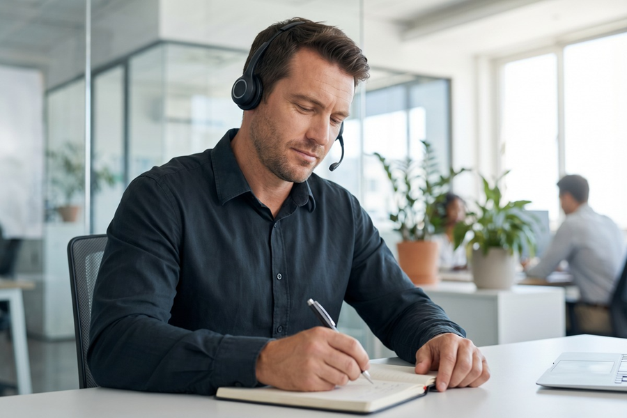Vertriebsprofi mit Headset führt konzentriert ein Telefongespräch und notiert strukturiert – Telefon-Verkaufstraining im modernen Büro.