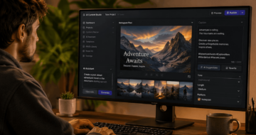 Content Creator im Hoodie erstellt mit einem KI-Tool visuelle Inhalte an einem Desktop-Bildschirm.