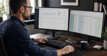 Ein SEO Manager führt eine Keyword-Recherche an zwei Monitoren durch und analysiert Suchvolumen sowie Wettbewerbsintensität.
