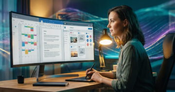 Content Managerin am Ultrawide-Monitor mit Content-Kalender, Blog-Editor und Social-Media-Dashboard.