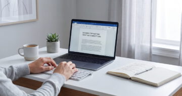 Ein Copywriter sitzt an einem Schreibtisch und tippt auf einer Tastatur. Vor ihm steht ein Laptop mit einem Dokument auf dem Bildschirm.