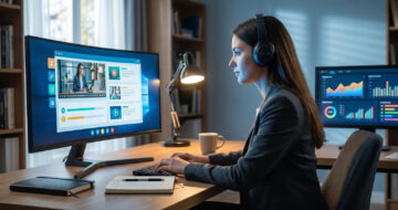 Frau mit Kopfhörern nimmt im Homeoffice an einem E-Learning-Kurs teil – Monitor zeigt interaktives Online-Lerninterface mit Videolektionen.
