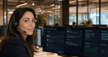 Kundenservice-Leiterin mit Headset überwacht KI-gestütztes Beratungssystem mit Gesprächsanalyse und Lösungsquote im modernen Servicecenter.