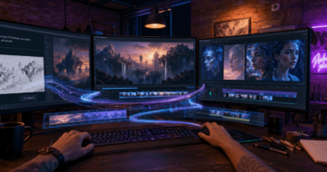 Drei Bildschirme in einem kreativen Studio zeigen, wie eine KI aus Text-Prompts und Skizzen fotorealistische Videosequenzen und Porträts erzeugt.