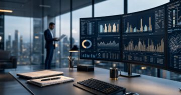 Moderner Buchhaltungsarbeitsplatz mit KI-gestützten Finanzdashboards auf mehreren Bildschirmen.