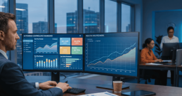 Controller analysiert KI-Controlling-Dashboard mit KPI-Kacheln und Prognosemodell im modernen Büro bei Dämmerung.