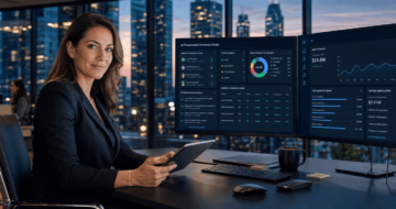 Einkaufsleiterin analysiert KI-Procurement-Dashboard mit Lieferantenbewertungen und Spend-Analyse im Büro bei Dämmerung.