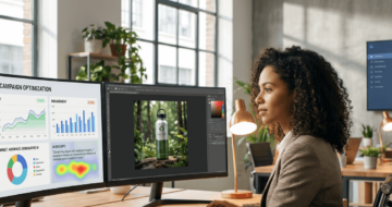 Marketingmanagerin arbeitet an KI-Kampagnen-Dashboard und KI-Bildgenerierungstool im modernen Agentur-Büro mit Kollegen im Hintergrund.