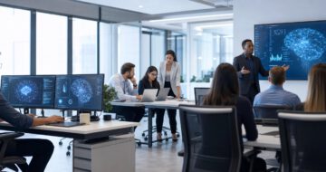 Schulungsumfeld für Künstliche Intelligenz: Fachleute arbeiten in einem offenen Büro mit KI-Dashboards auf Monitoren.