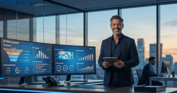 Vertriebsmanager analysiert KI-CRM-Dashboard mit Pipeline-Stufen und Kundenheatmap im modernen Büro bei Dämmerung.