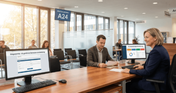 Sachbearbeiterin berät Bürger im deutschen Bürgerbüro mit KI-gestütztem Formularportal und Entscheidungs-Dashboard.
