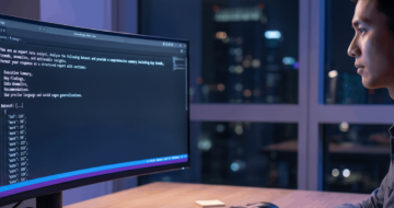 Ein Prompt Engineer tippt einen Prompt in einen Code-Editor an einem modernen Arbeitsplatz bei Nacht ein.