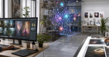 Kreativstudio mit KI-Bildgenerierung: Designerin am Monitor, holografisches neuronales Netz, Mann begutachtet KI-Drucke am Leuchttisch.