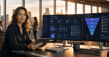 HR-Direktorin analysiert KI-HR-Dashboard mit Workforce-KPIs und AI-Recruitment-Funnel im modernen Büro bei Sonnenuntergang.