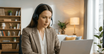 Frau mit Headset tippt Prompts am Laptop im Home-Office, zweiter Monitor zeigt Online-Seminar zum Thema Prompt Engineering.
