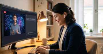 Frau im Homeoffice nimmt virtuell an einer KI-Weiterbildung teil und tippt Prompts in ein Chat-Interface.