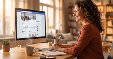 Frau lächelt und optimiert ihr LinkedIn-Profil im sonnendurchfluteten Homeoffice – warme Atmosphäre mit Bücherregal und Kaffeebecher.