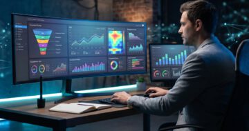 Marketing-Mitarbeiter optimiert Online-Marketing-Kampagnen an einem Ultrawide-Monitor mit Analytics-Dashboard, Conversion-Funnel und SEO-Metriken.