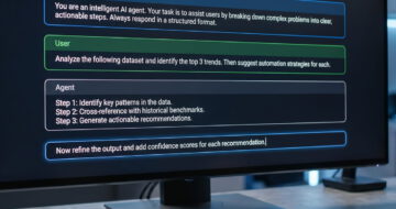 Monitor zeigt strukturiertes Prompt-Engineering-Interface zur KI-Agenten-Entwicklung mit lesbaren englischen System-Prompts.