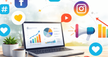 Social Media Manager: Laptop und Smartphone mit Social-Media-Icons, Analyse von Inhalten und Kampagnen im digitalen Marketing.