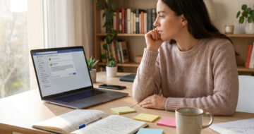 Frau denkt über den Einstieg eines Social-Media-Posts nach – Laptop mit Post-Editor, Storytelling-Notizen auf dem Schreibtisch.